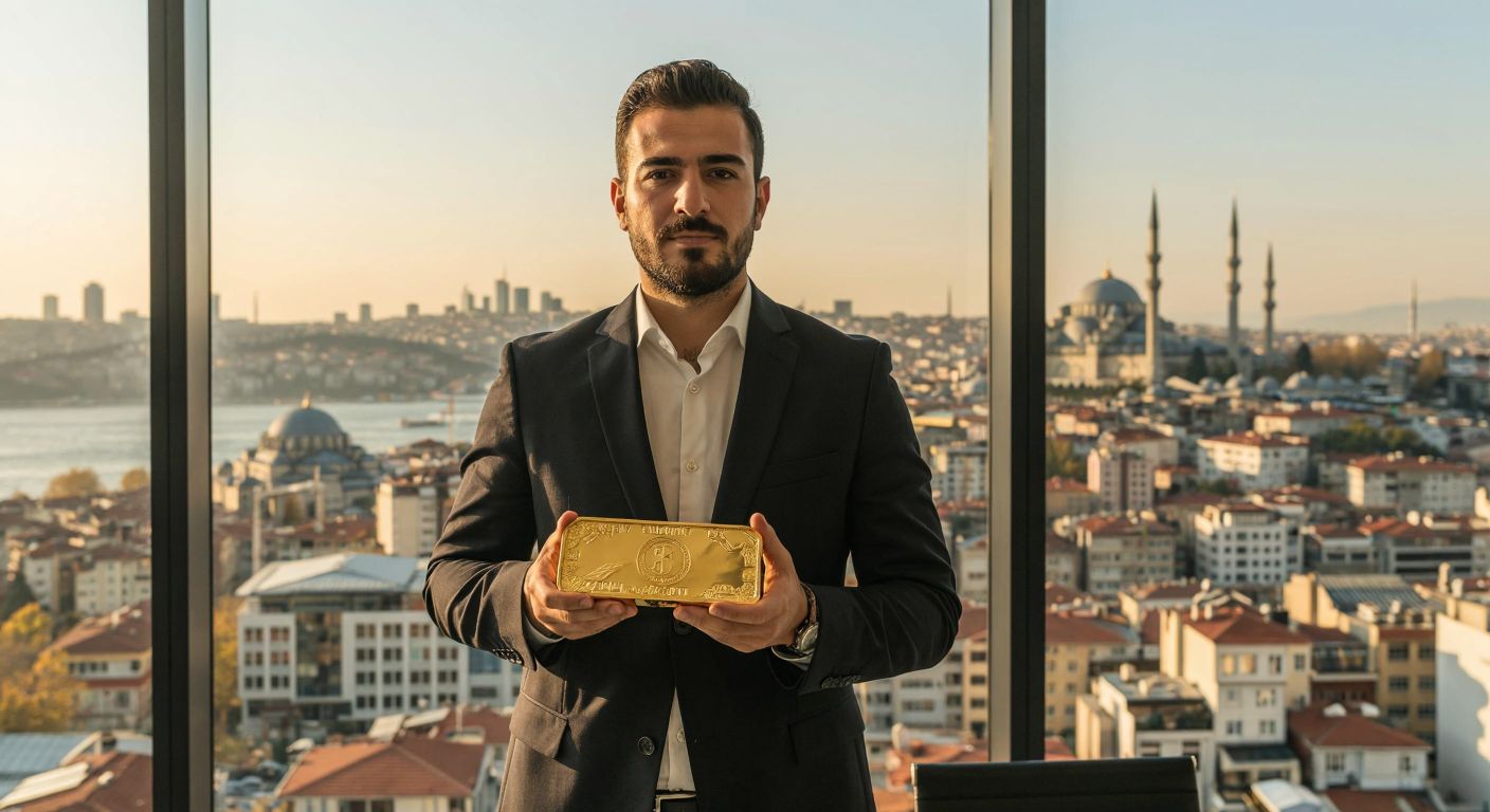 A Turkish businessman in a crisp suit confidently holds a gleaming gold bar while standing in a modern office with a skyline view of Istanbul, symbolizing stable investment in gold-backed funds.