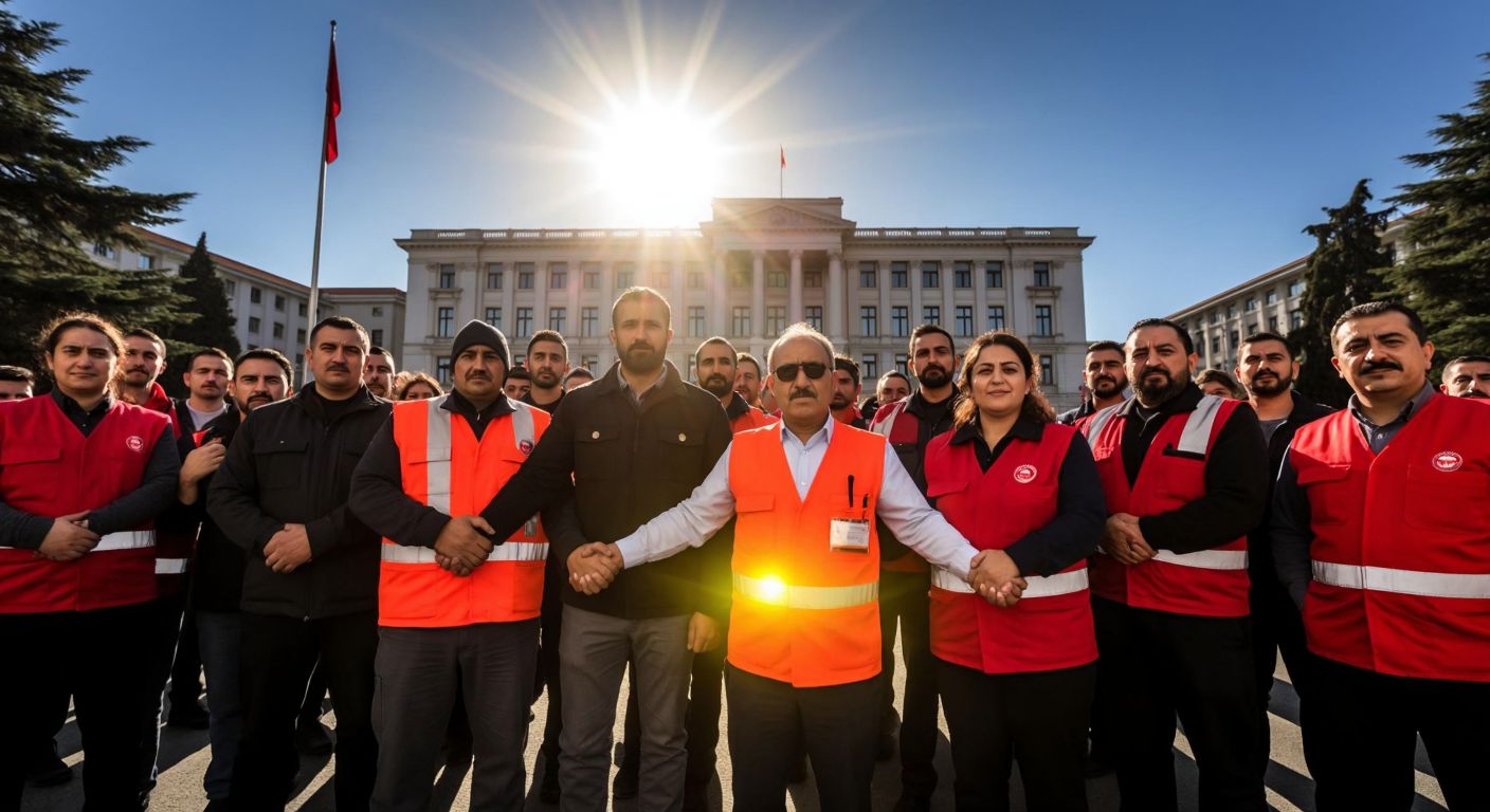 A diverse group of Turkish public workers in uniforms stand together in solidarity, holding hands under a bright sun in front of a government building, their faces determined and united.