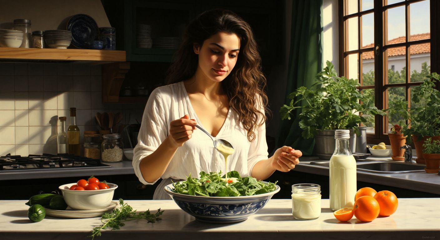 A Turkish woman in a bright kitchen hesitantly holds a spoonful of light mayonnaise near a salad bowl, while a small jar of yogurt and a bottle of olive oil sit nearby, suggesting healthier alternatives.