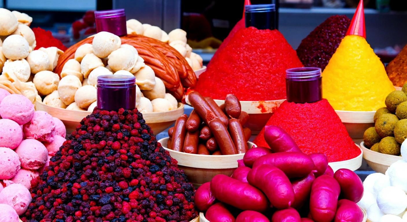 A vibrant Turkish market stall displays colorful food items like dondurma, şekerlemeler, and sosis alongside cosmetic products such as ruj and göz farı, with a small jar of crimson carmine dye at the center.
