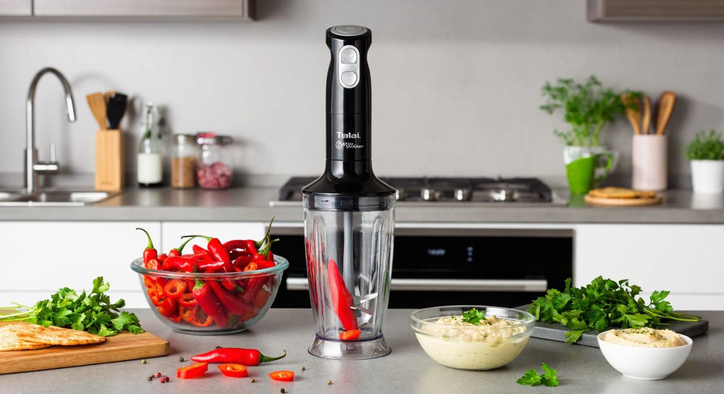 A modern Turkish kitchen with a stainless steel countertop, where a Tefal Optiblend hand blender is blending vibrant red peppers and fresh herbs in a glass bowl, surrounded by chopped vegetables and a bowl of creamy hummus.