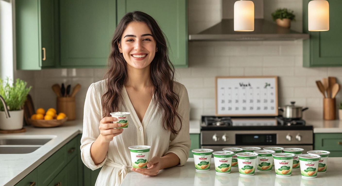 A Turkish woman in a bright kitchen smiles while holding a small Activia yogurt cup, with a calendar marked for two weeks and a neatly arranged row of identical yogurt cups on the counter beside her.