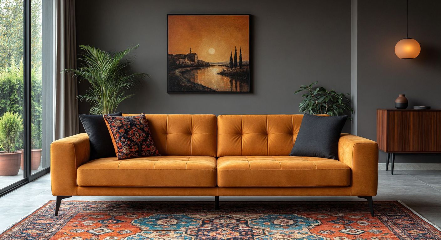 A modern Turkish living room with a sleek sofa featuring contrasting plastic and metal legs—one side lightweight and glossy, the other sturdy and brushed—placed on a patterned kilim rug.