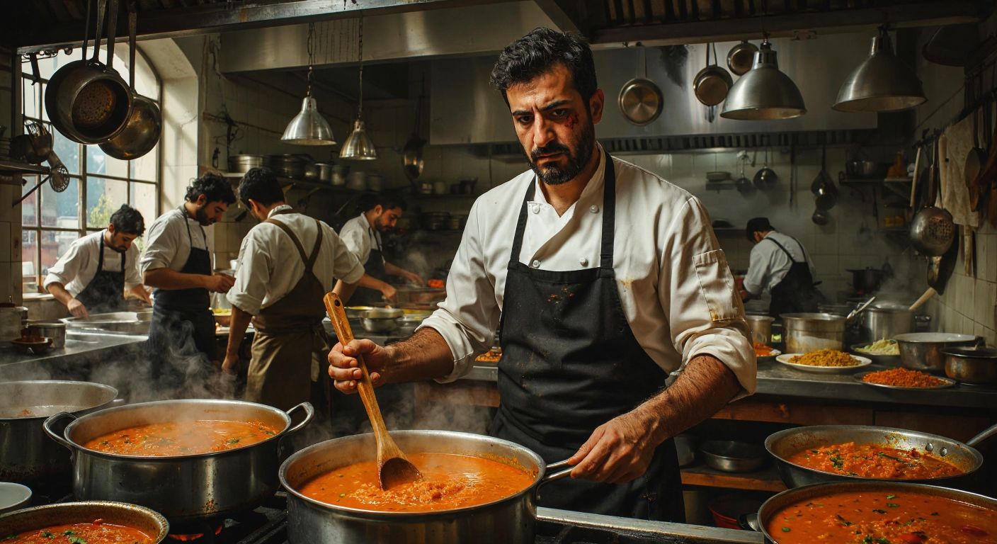 A Turkish chef with a solemn expression stands in a bustling kitchen, his left hand visibly missing fingers while he grips a wooden spoon over a steaming pot of rich red lentil soup.