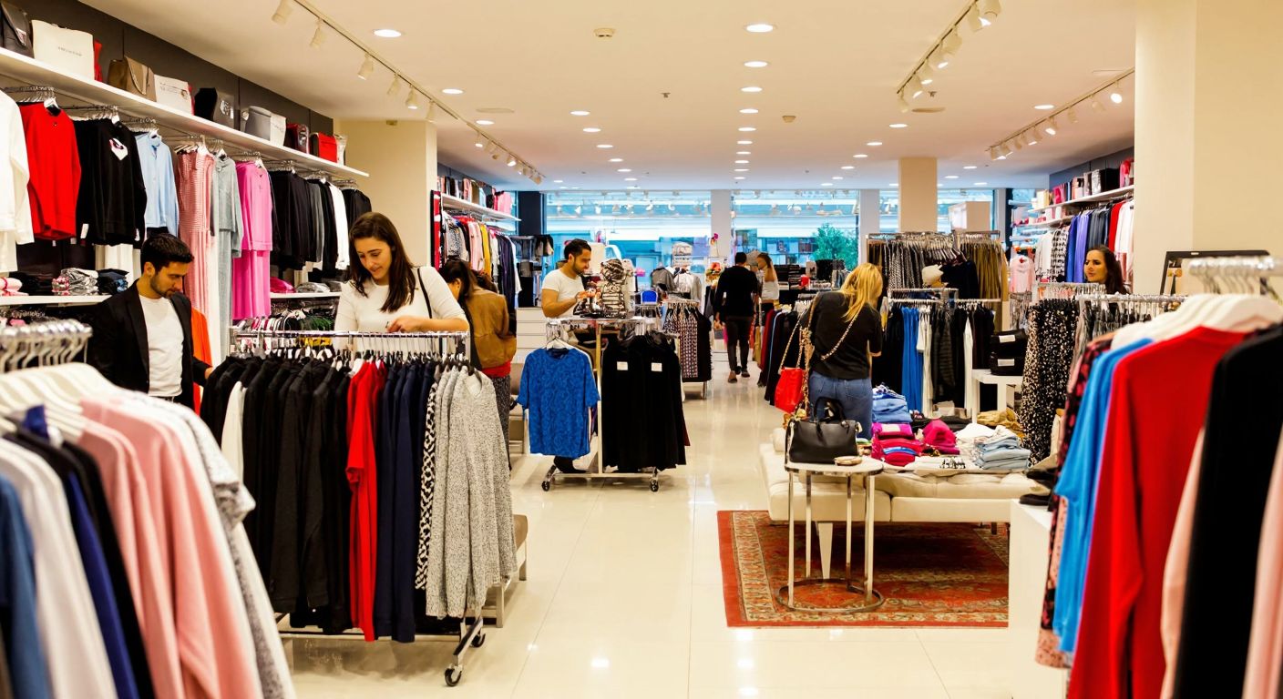 A bustling Turkish department store with neatly arranged clothing racks, colorful accessories, and smiling shoppers browsing through fashion items under bright, warm lighting.