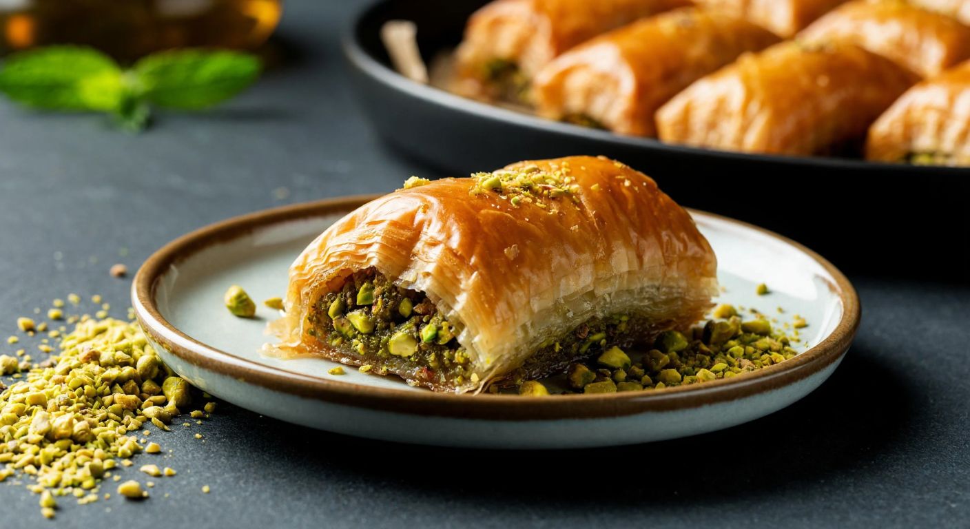 A golden, syrup-drizzled pistachio-filled sarma baklava sits on a small ceramic plate, surrounded by crushed pistachios, evoking warmth and indulgence in a traditional Turkish setting.