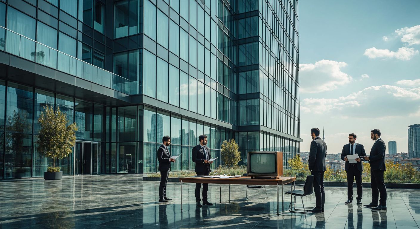 A modern office building in Istanbul with a sleek glass facade, surrounded by businessmen in suits discussing documents, while a vintage TV set sits on a nearby table displaying static.