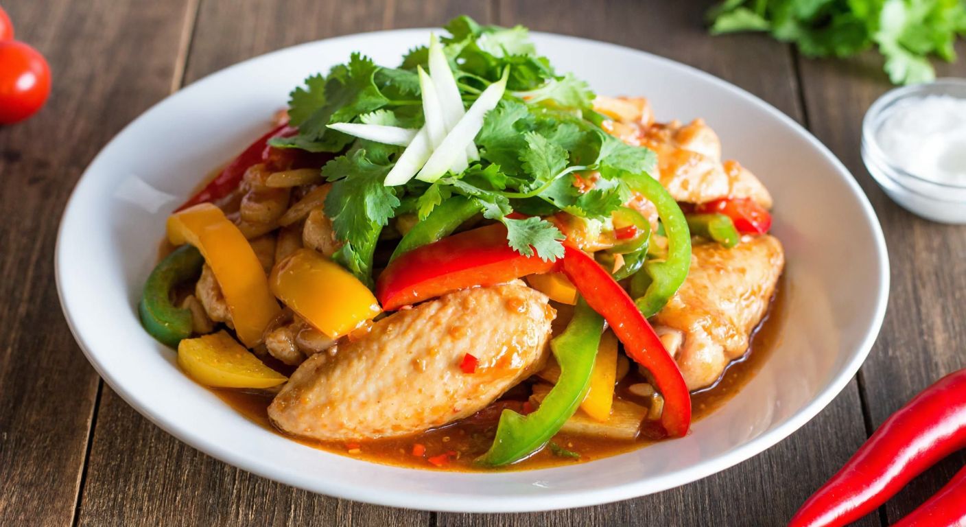 A vibrant Thai-style chicken dish glistening with sweet and sour chili sauce, garnished with fresh green herbs and colorful bell peppers on a rustic wooden table.