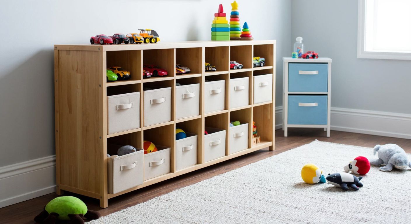 A wooden shelf with multiple drawers and compartments, neatly filled with colorful toy cars, sits in a bright children's room with a soft rug and scattered plush toys nearby.