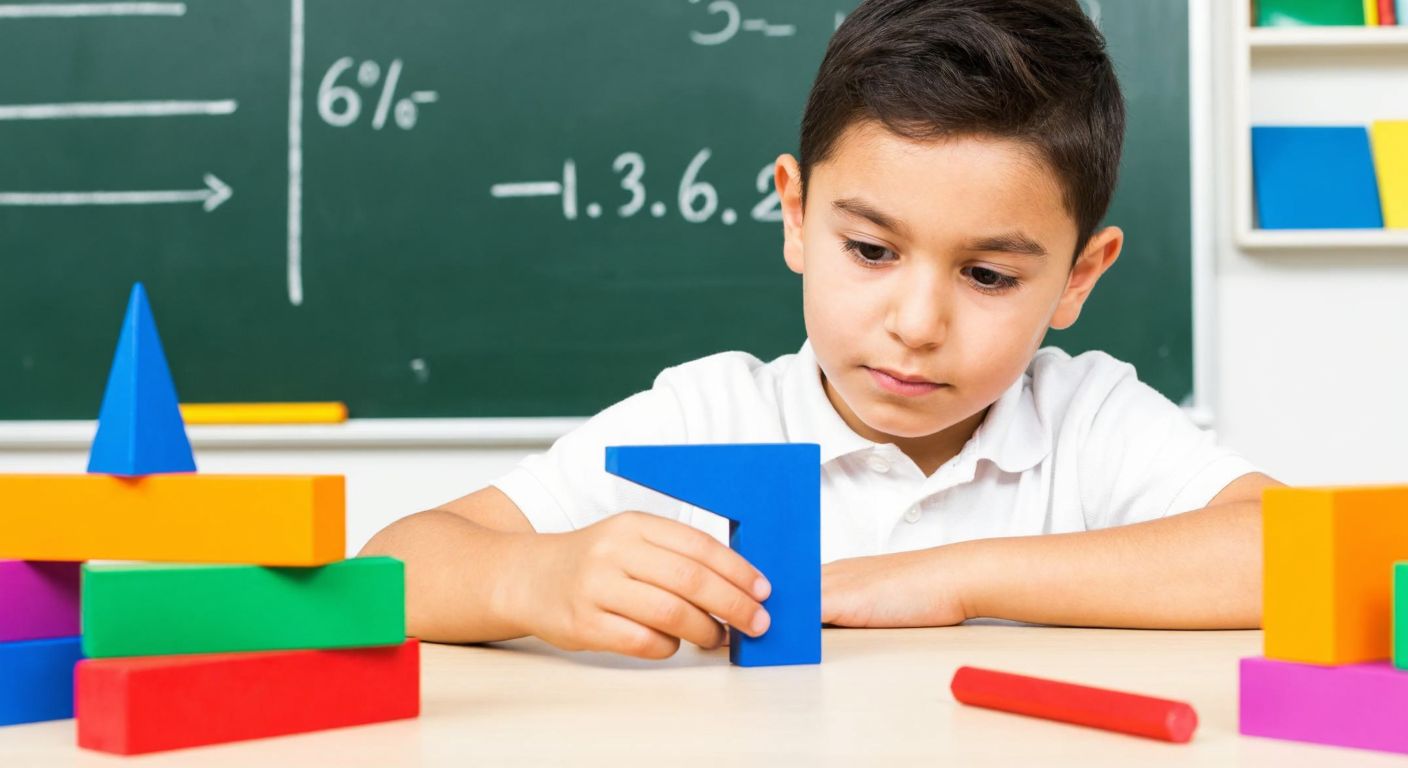 A focused Turkish child in a classroom, surrounded by colorful geometric shapes, a ruler, and fraction models on a wooden desk, with a chalkboard displaying simple math problems in the background.