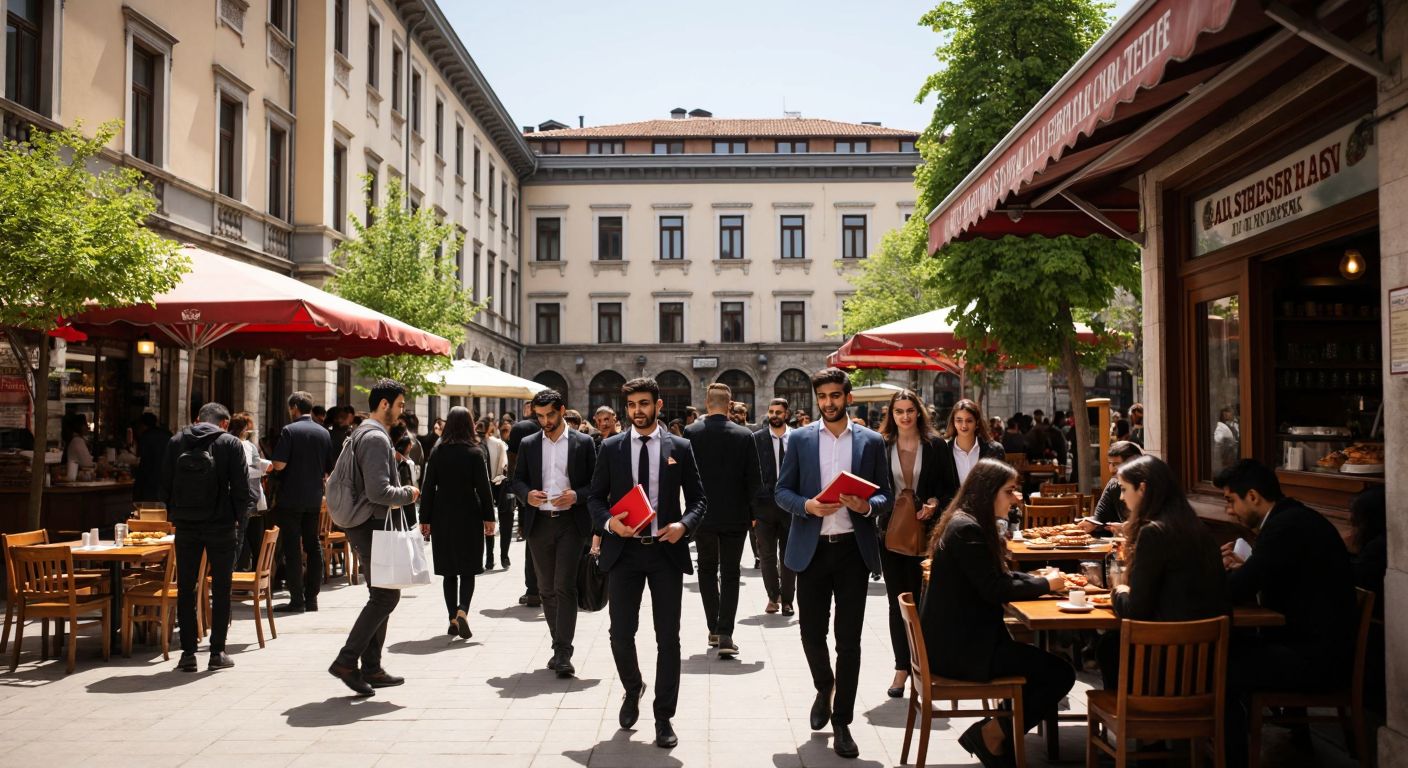 A bustling university courtyard in Istanbul, with students in formal attire carrying books, surrounded by small local eateries offering traditional Turkish dishes like döner and simit.