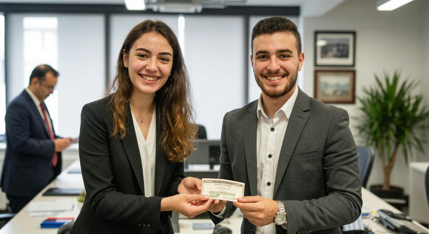 A young intern in a Turkish office smiles while holding a paycheck, with a government official in the background placing coins into a small business owner’s hand.