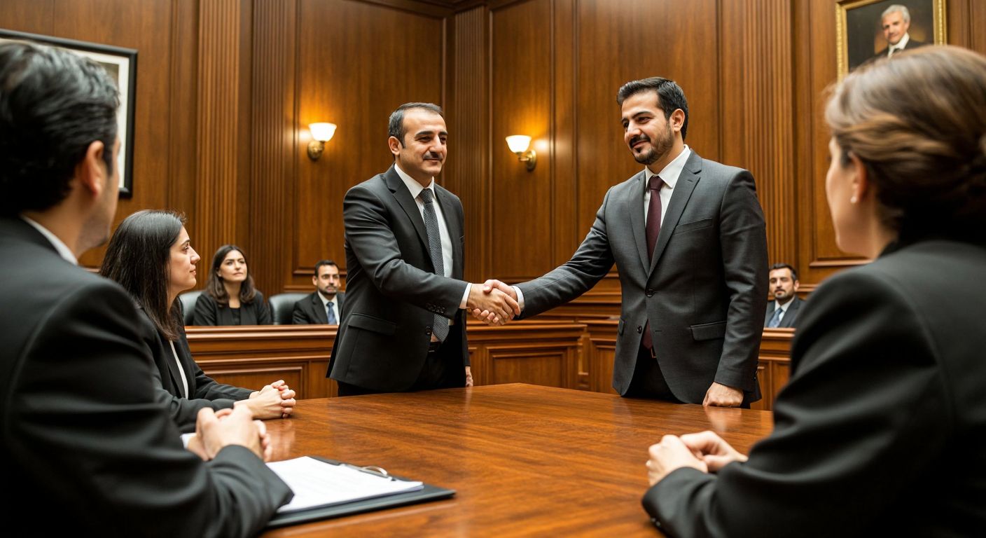 A solemn Turkish businessman in a suit shakes hands with a group of creditors across a wooden table in a mahogany-paneled courtroom, with a judge in robes observing from the bench, conveying relief and resolution.