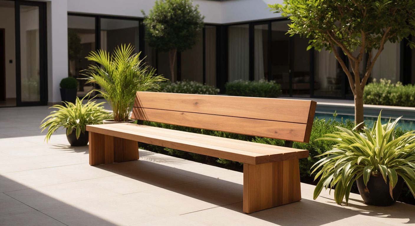 A sleek, modern wooden bench with clean lines and a minimalist design, placed in a well-lit Turkish courtyard with potted plants nearby, blending durability and aesthetics.