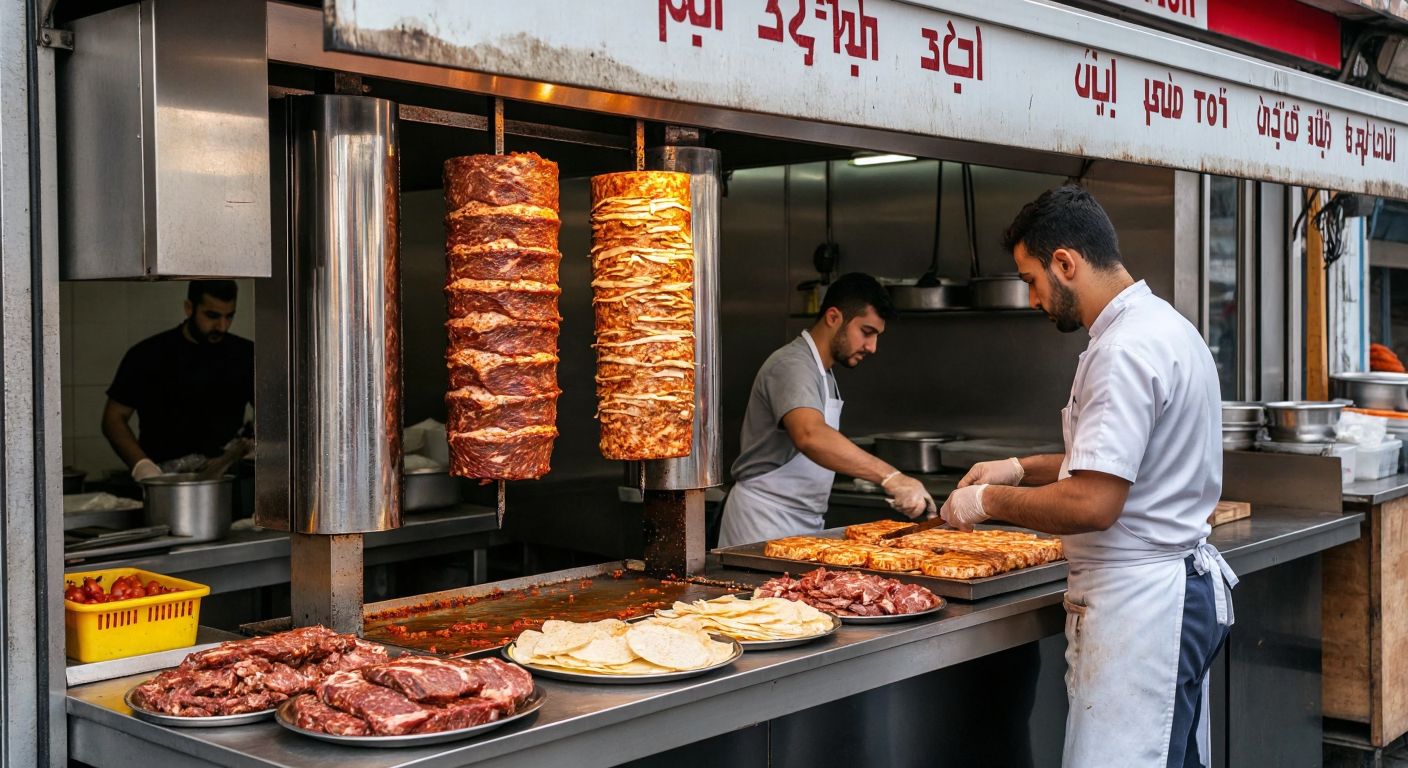 A bustling Turkish street food stall with a vertical döner ocağı roasting seasoned meat on one side and a gleaming stainless steel döner tezgahı where a cook slices thin shavings onto warm bread.