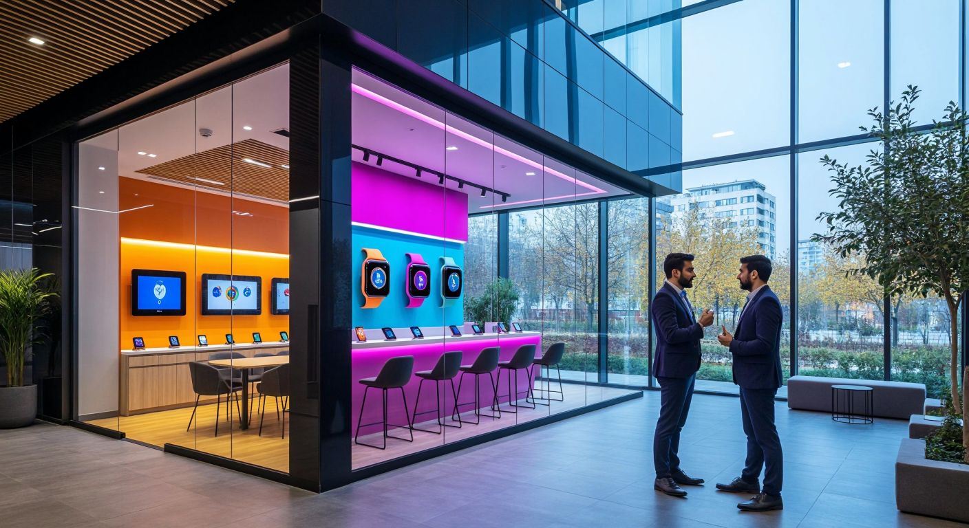 A modern office building in Istanbul with a sleek Wiky Watch display inside, showcasing colorful smartwatches for children, while a businessman in a suit discusses with a tech-savvy colleague.