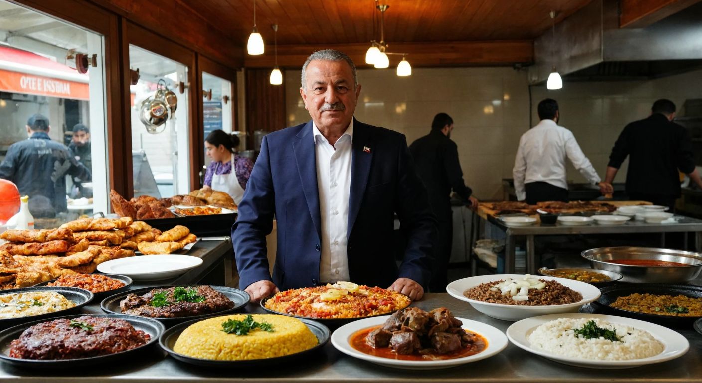 A middle-aged Turkish man in a formal suit stands proudly in front of a bustling restaurant kitchen, with steaming plates of traditional Denizli dishes like keşkek and tandır kebab in the foreground.