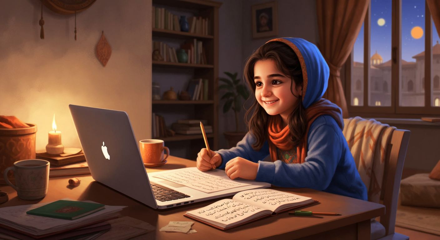 A young Turkish student in a cozy home setting, surrounded by Arabic alphabet flashcards, an open notebook with handwritten practice, and a laptop playing an Arabic cartoon, while smiling with focused determination.