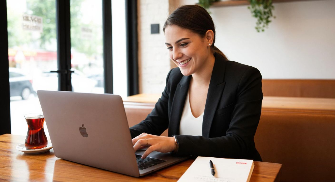 A young professional in a modern Turkish café, smiling while browsing free CV templates on a laptop, with a cup of Turkish tea and a notepad nearby.