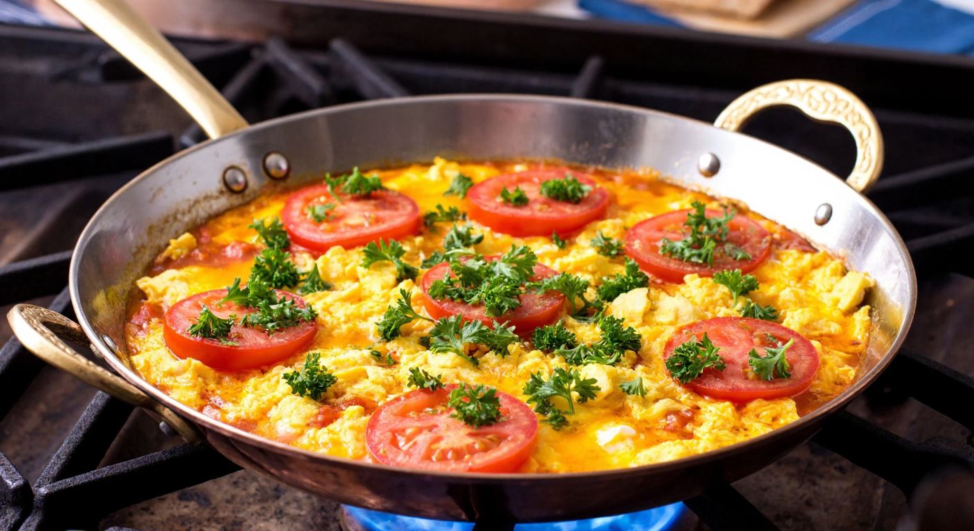 A sizzling copper pan on a rustic stove holds golden scrambled eggs mixed with juicy red tomatoes, garnished with fresh parsley, evoking the warmth of a Turkish kitchen.