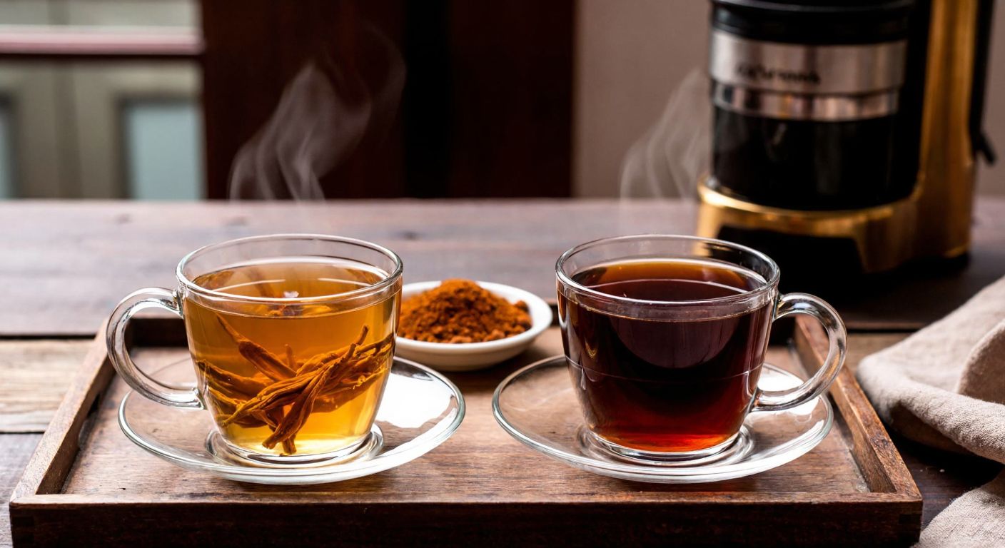 A rustic wooden table in a cozy Turkish kitchen holds two steaming cups of tea—one with golden-brown Ceylon tea leaves unfurling in clear water, and the other with a murky, dark brew from granulated tea powder, while a small plate of Turkish delight sits nearby.
