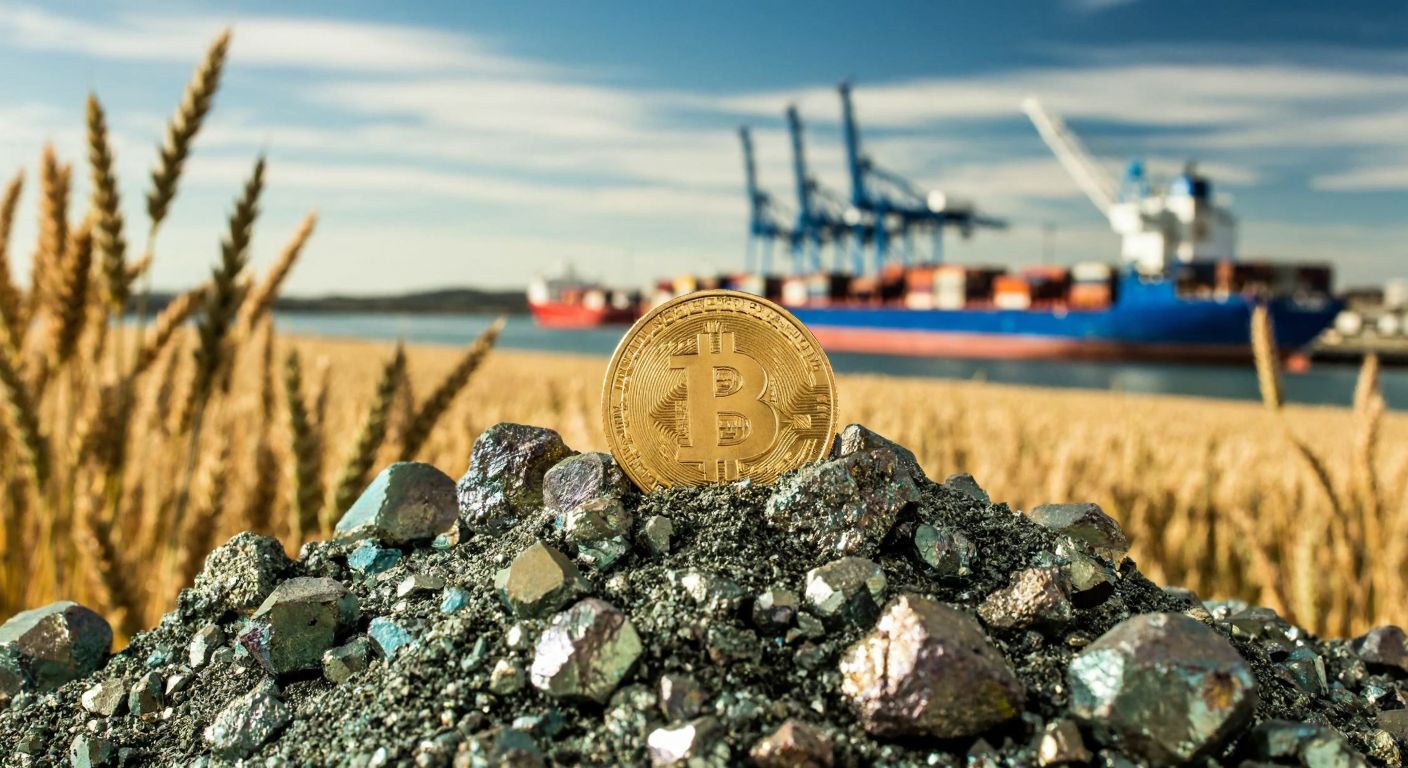 A golden Australian dollar coin rests on a pile of shimmering minerals, surrounded by wheat fields and a bustling port under a clear blue sky, symbolizing economic strength and natural wealth.