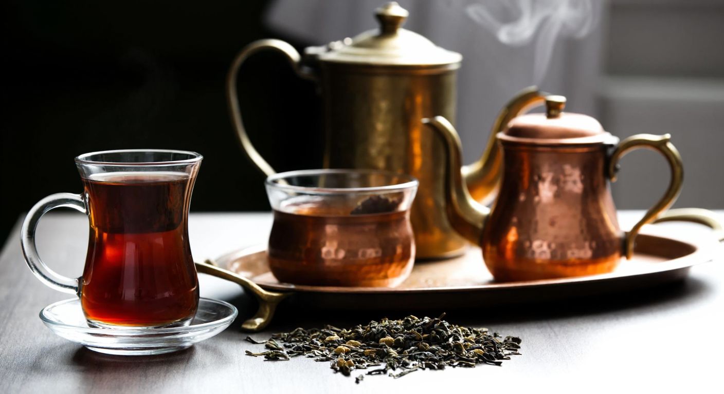 A traditional Turkish tea glass filled with amber-colored çay sits beside a small copper teapot on a tray, with loose tea leaves and a steaming kettle in the background, evoking warmth and ritual.