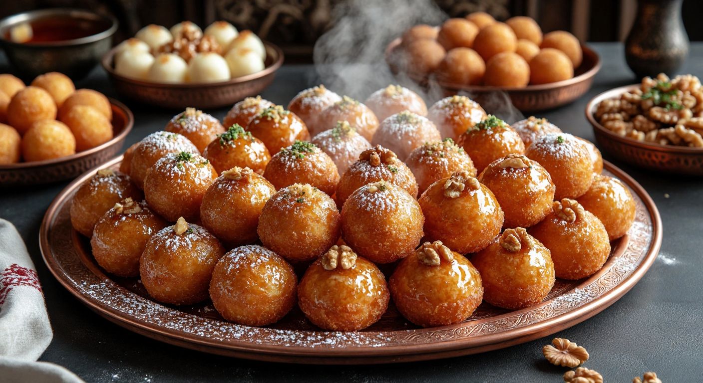 A vibrant Turkish table displays golden-brown *lokma* varieties—syrup-drenched spheres, cheese-filled bites dusted with powdered sugar, cinnamon-walnut adorned pieces, honey-glazed healthy versions, and ring-shaped *Saray* and *İzmir* styles—arranged on a copper tray with steam rising.
