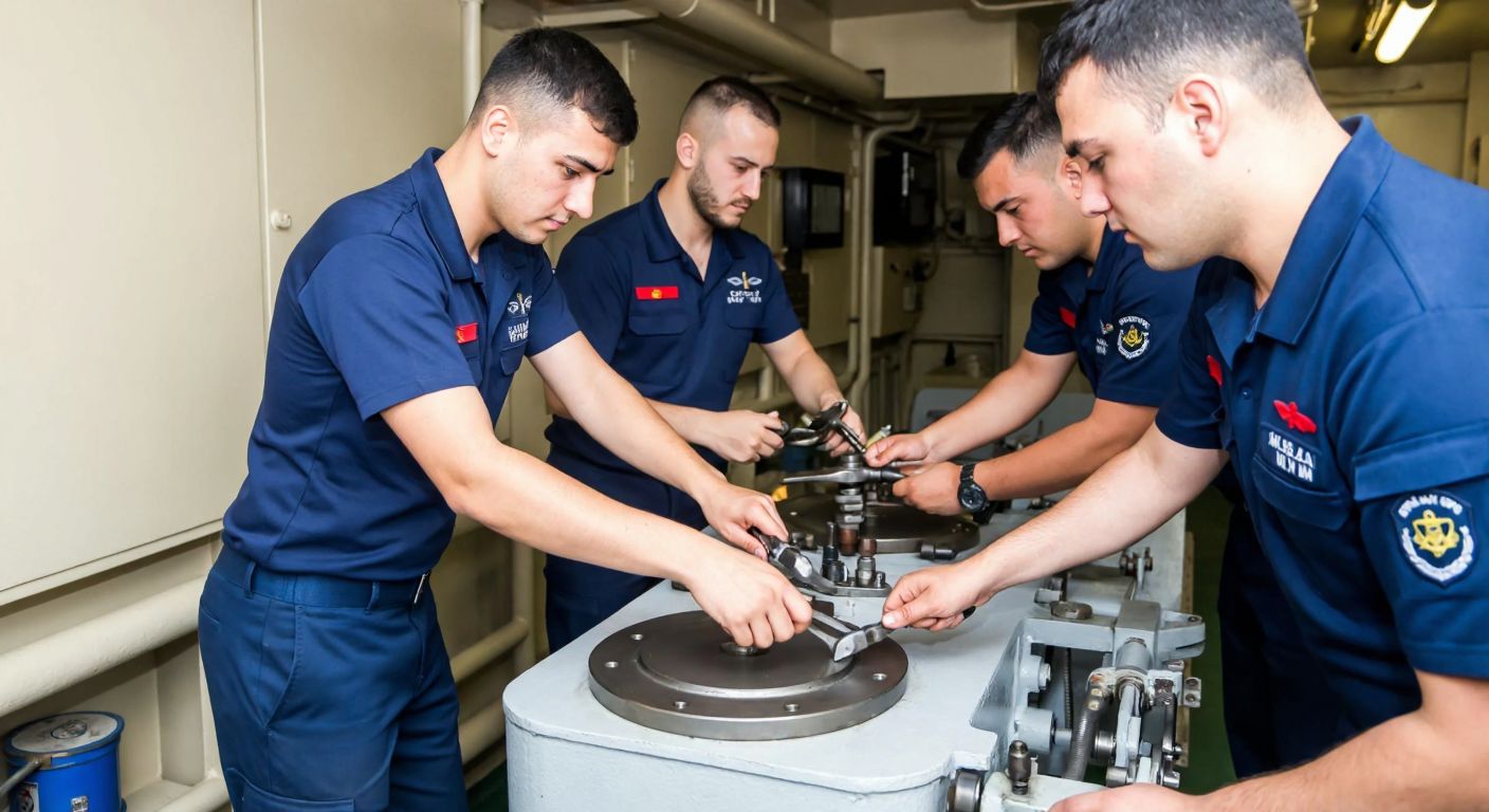 A group of Turkish sailors in navy uniforms working together in a ship's engine room, focused on machinery with tools in hand, demonstrating teamwork and technical efficiency.