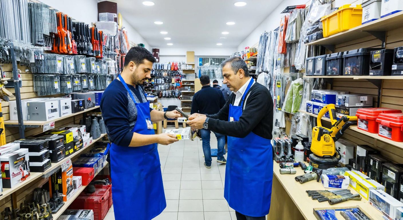 A bustling Turkish hardware store with shelves filled with construction tools, electrical equipment, and furniture accessories, where a shopkeeper in a blue apron assists a customer examining a drill bit.