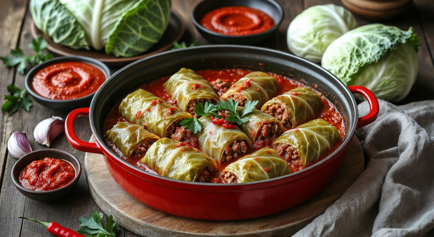A steaming pot of stuffed cabbage rolls with minced meat, surrounded by vibrant red pepper paste and fresh cabbage leaves on a rustic wooden table in a cozy Southeastern Turkish kitchen.