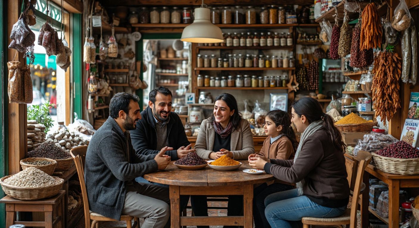A warm Turkish family gathered around a wooden table in a bustling small shop, discussing business with smiles and gestures, shelves filled with handmade goods and spices in the background.