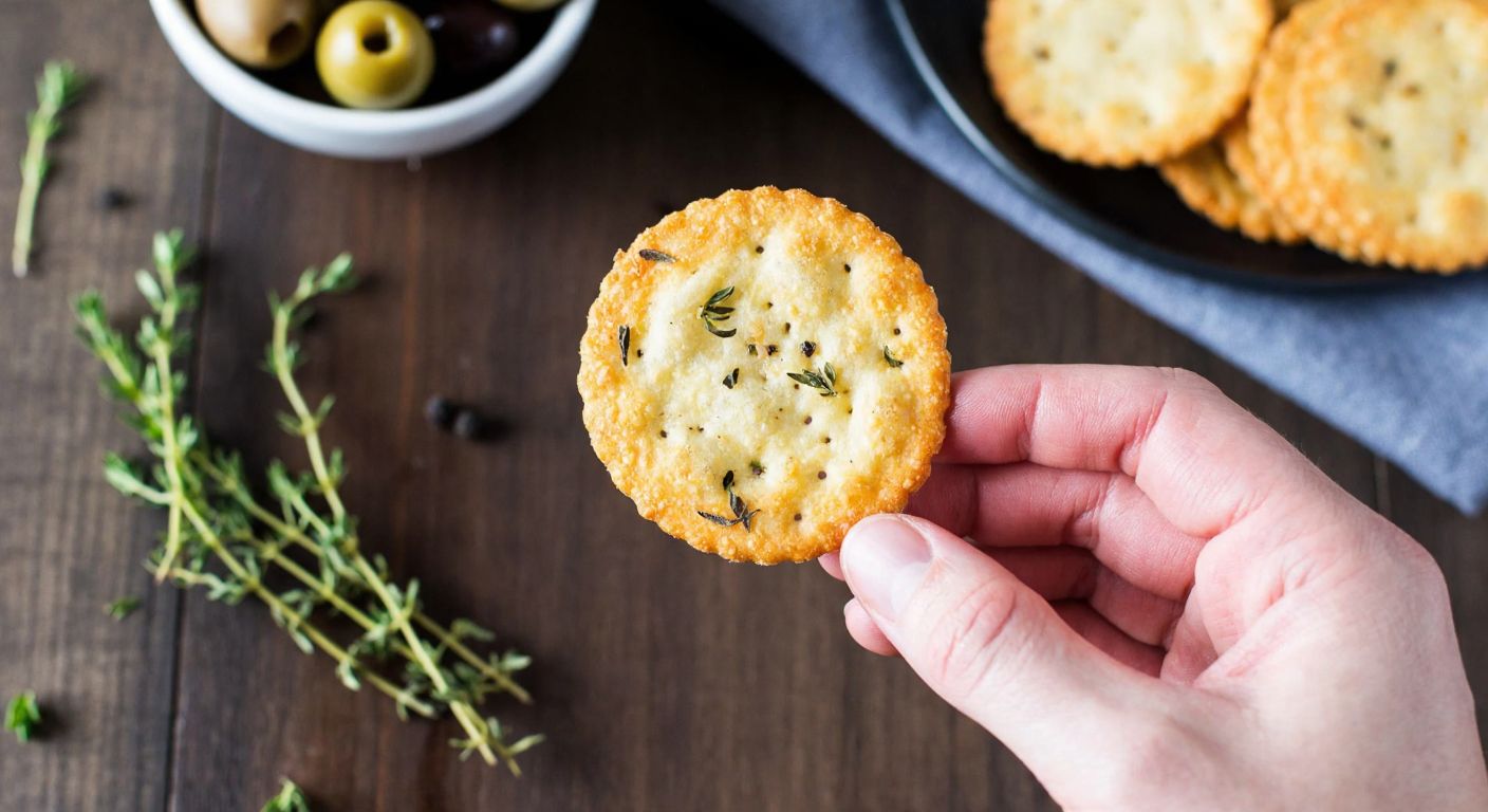 A hand holding a crispy olive-and-thyme-flavored cracker against a backdrop of a rustic wooden table with a small bowl of fresh olives and a sprig of thyme.
