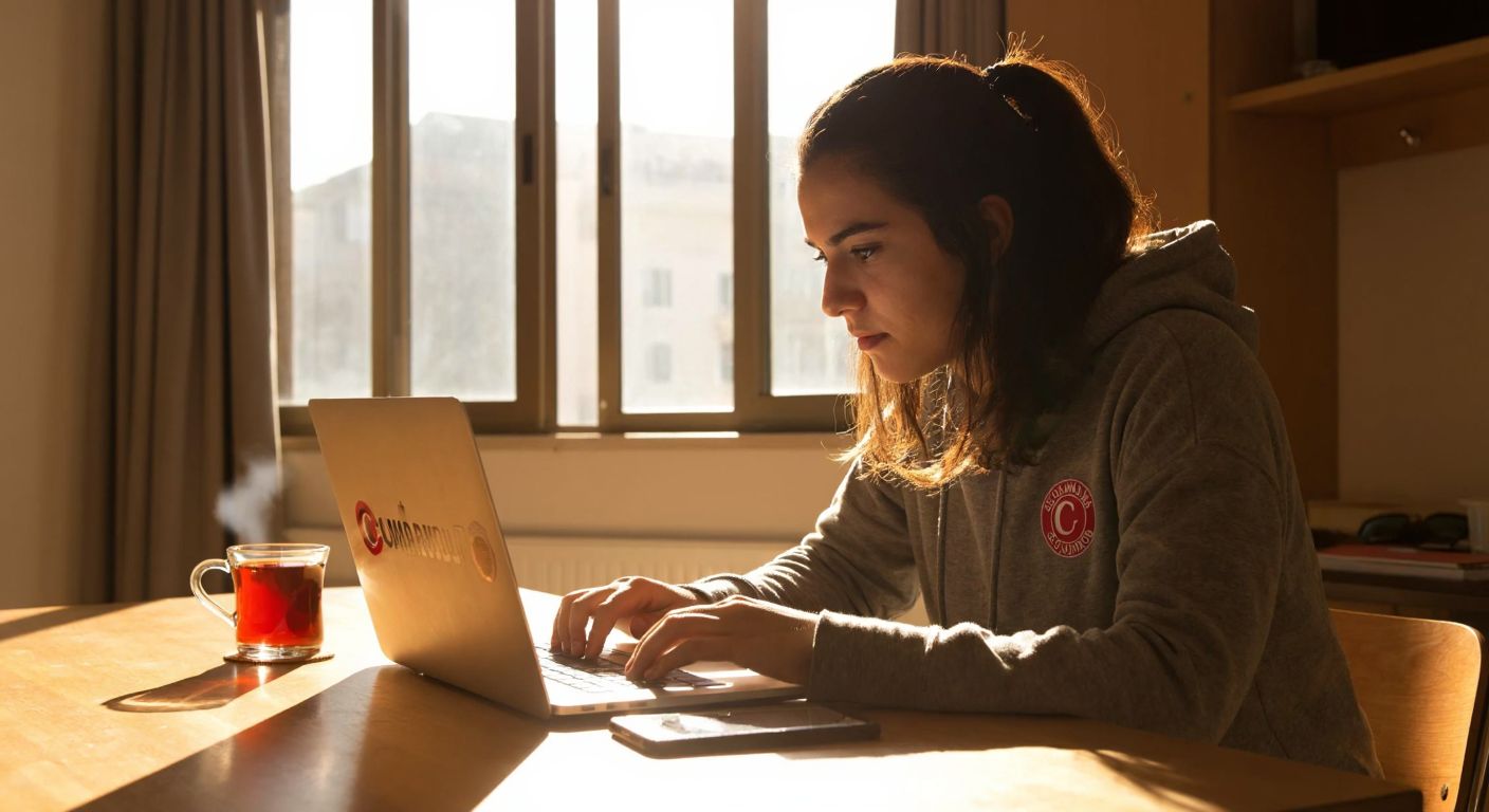 A focused Turkish university student sits at a wooden desk in a sunlit dorm room, typing on a laptop with a ÇOMÜ logo sticker, while a steaming cup of çay rests beside a student ID card.