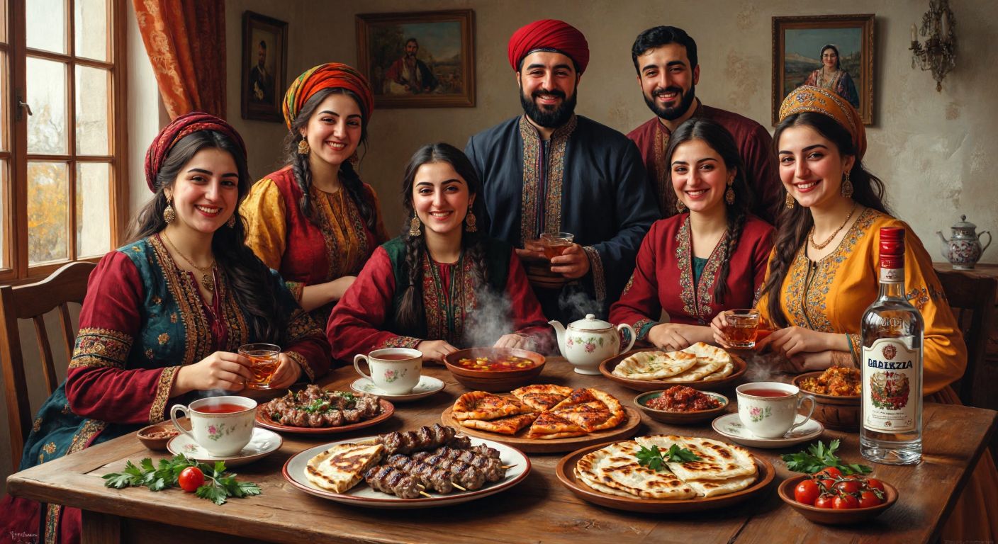 A group of smiling Azerbaijani people in traditional clothing gathered around a wooden table laden with steaming cups of tea, plates of juicy kebabs, golden gözleme, and a bottle of vodka, set against a backdrop of a cozy, warmly lit home.
