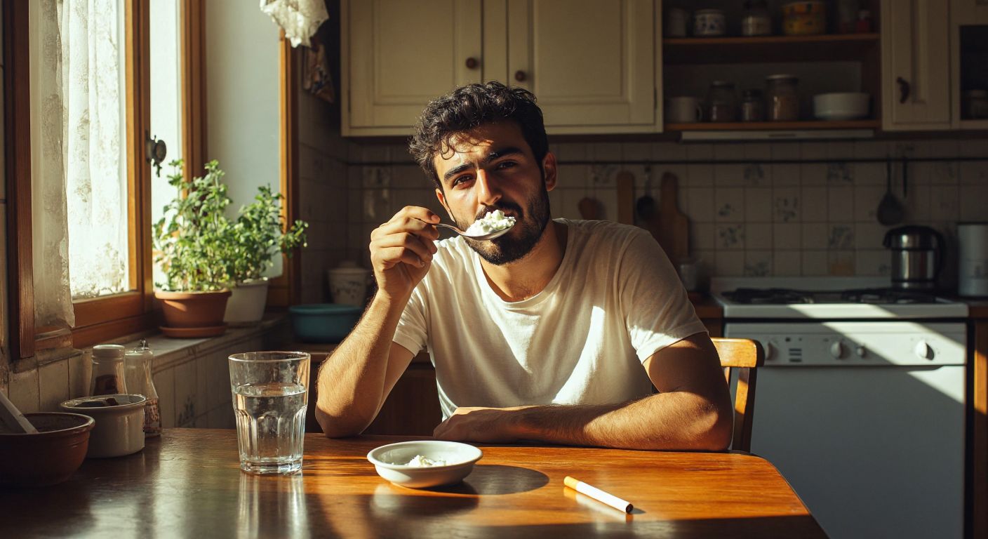 A Turkish man sitting at a wooden table in a sunlit kitchen, holding a spoonful of creamy yogurt near his mouth while a cigarette rests in an ashtray beside a glass of water.