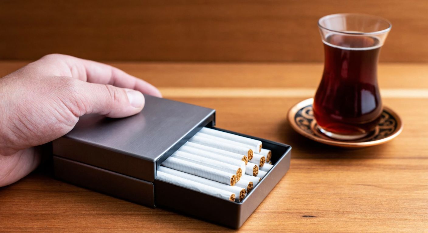 A hand holding a standard rectangular cigarette case filled with neatly arranged cigarettes, placed on a wooden table beside a traditional Turkish coffee cup.