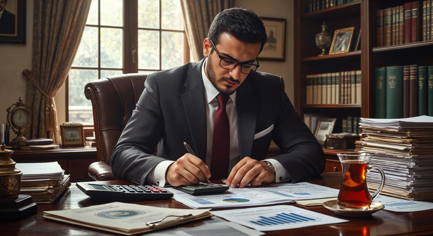 A Turkish accountant in a formal office setting, wearing glasses and a suit, carefully calculating numbers on a ledger with a calculator, surrounded by stacks of financial documents and a steaming cup of Turkish tea.