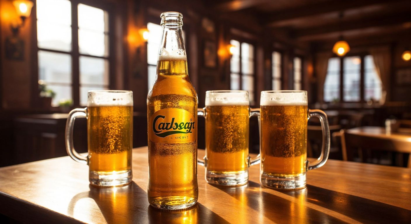 A frosty 50cl Carlsberg beer bottle sits on a wooden table beside four frosted glass mugs filled with golden beer, condensation glistening in the warm light of a cozy Turkish tavern.