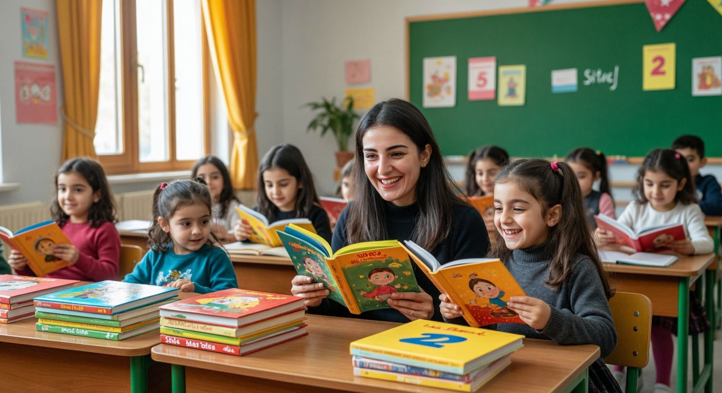 A cheerful Turkish classroom with young students eagerly reading colorful storybooks, a teacher smiling nearby, and a stack of 85 books labeled "2. Sınıf" on a wooden desk.