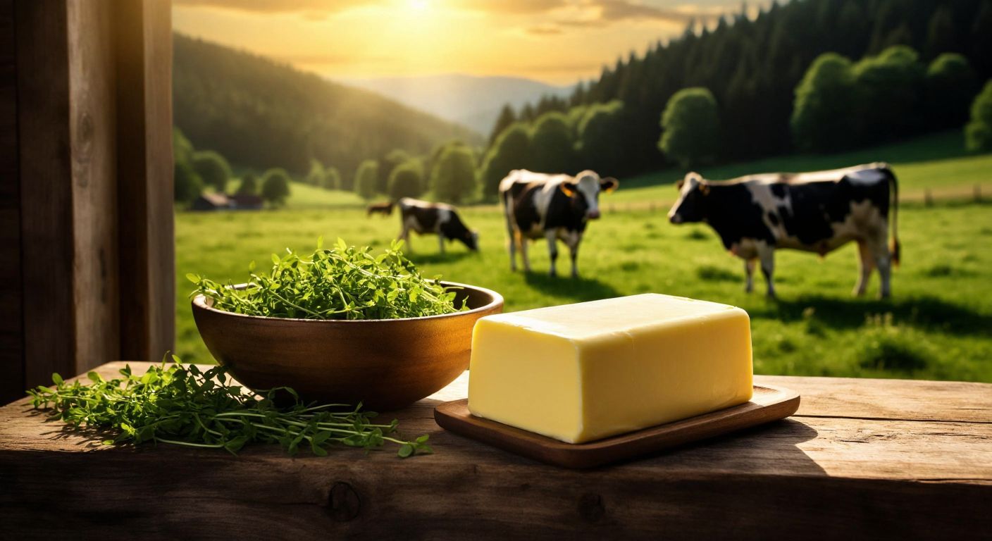 A golden-yellow pat of butter rests on a rustic wooden table beside a bowl of fresh green grass, with sunlight streaming through a window onto a pastoral scene of cows grazing in a lush meadow.