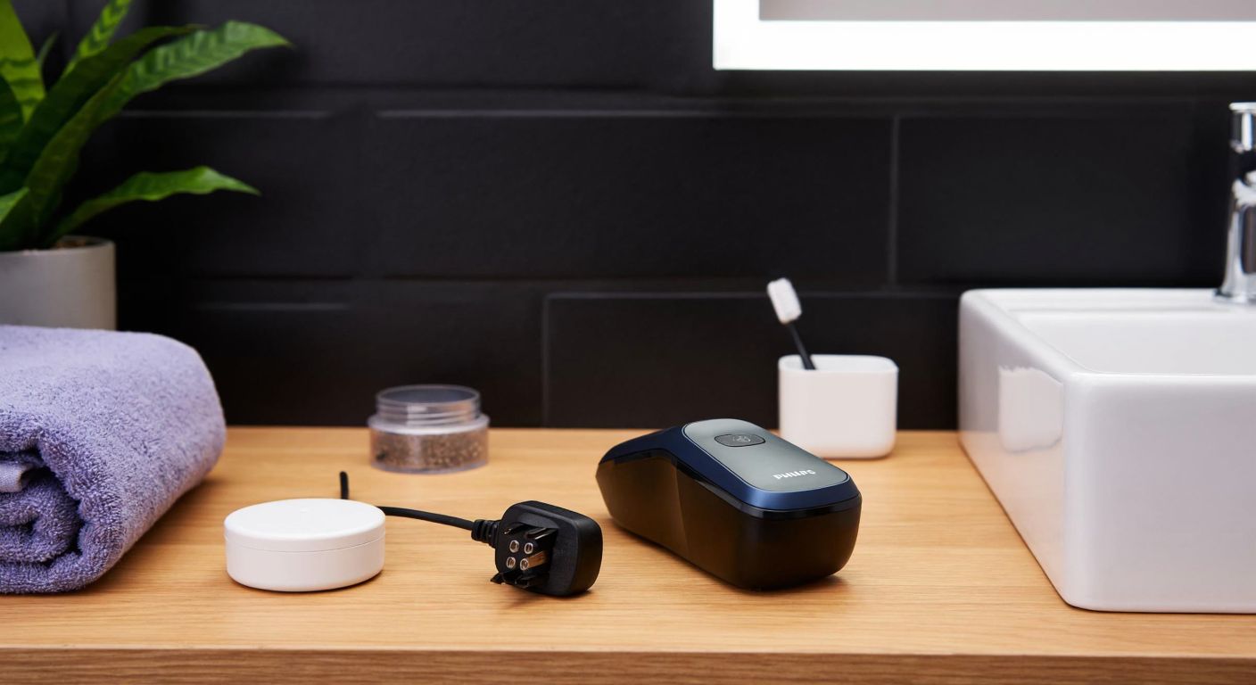 A neatly arranged Philips shaver with its compatible charging adapter placed on a wooden bathroom counter, emphasizing precision and reliability.
