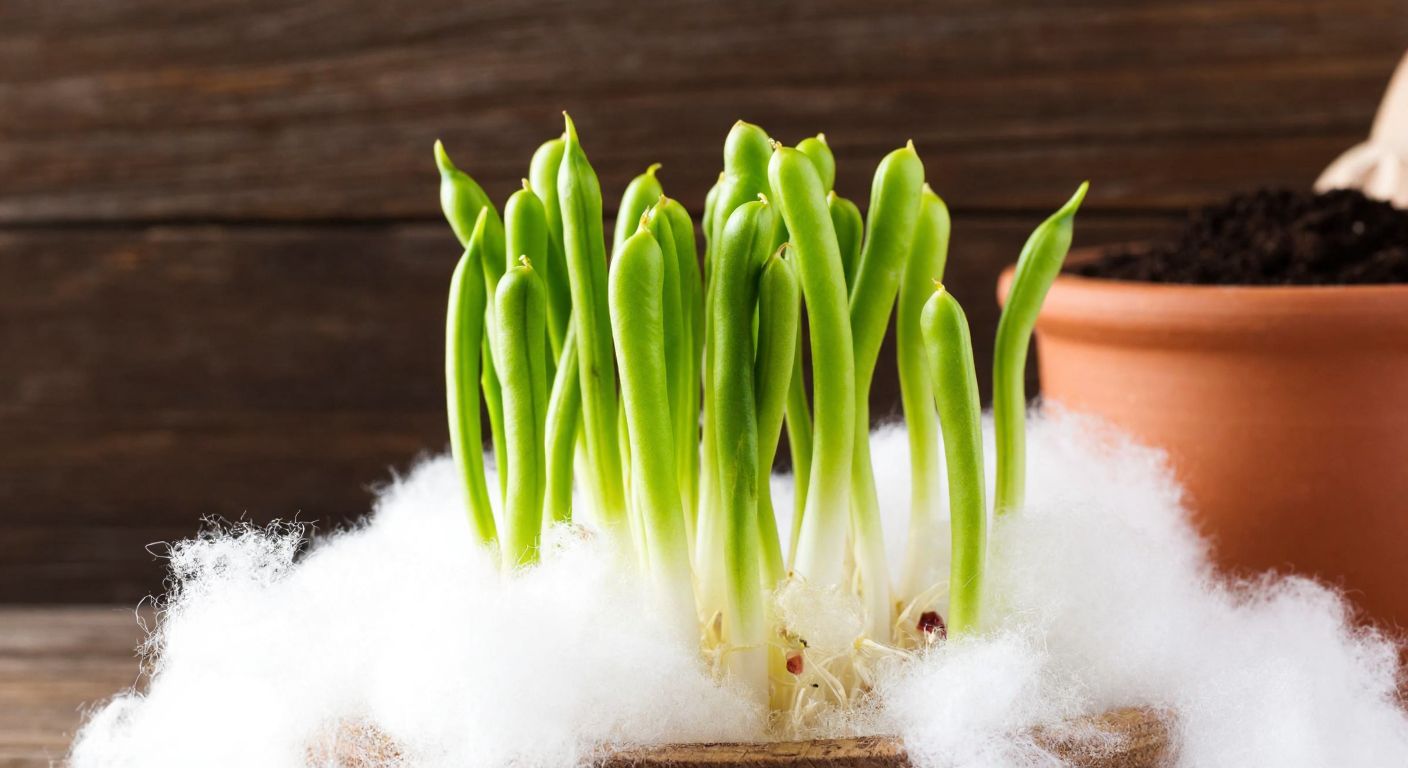A close-up of vibrant green bean sprouts emerging from fluffy white cotton, with a rustic wooden table in the background holding a clay pot of fresh soil ready for planting.