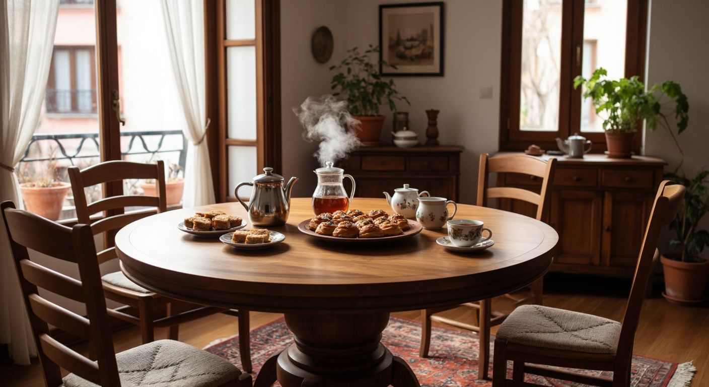 A sleek, curved C-shaped wooden dining table in a cozy Turkish home, surrounded by mismatched chairs, with a steaming pot of çay and a plate of baklava on top, as a family debates its practicality with animated hand gestures.