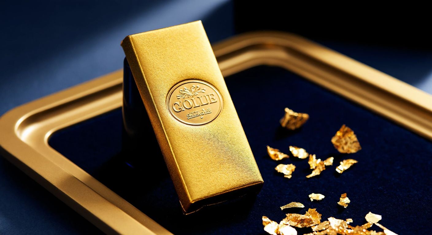 A luxurious golden-wrapped chocolate bar glistening under soft light, placed on a velvet-lined tray with delicate edible gold leaf flakes scattered around it.