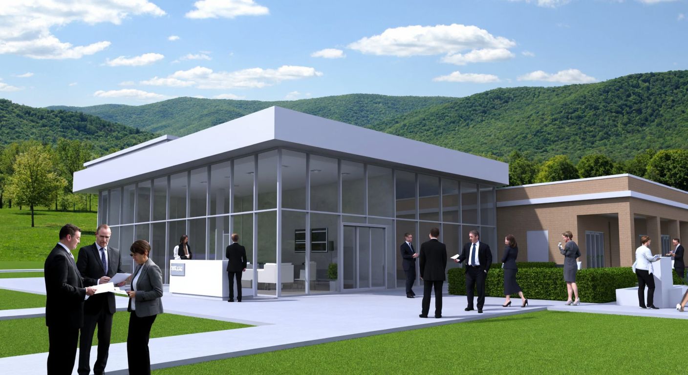 A modern bank building with a glass facade, surrounded by people in business attire exchanging documents and discussing financial services, set against a backdrop of rolling green hills in West Virginia.
