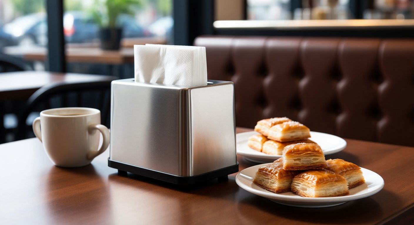 A sleek stainless steel dispenser on a café table in Turkey, dispensing a crisp white Z-folded napkin with a neatly folded edge, surrounded by a ceramic coffee cup and a plate of baklava.
