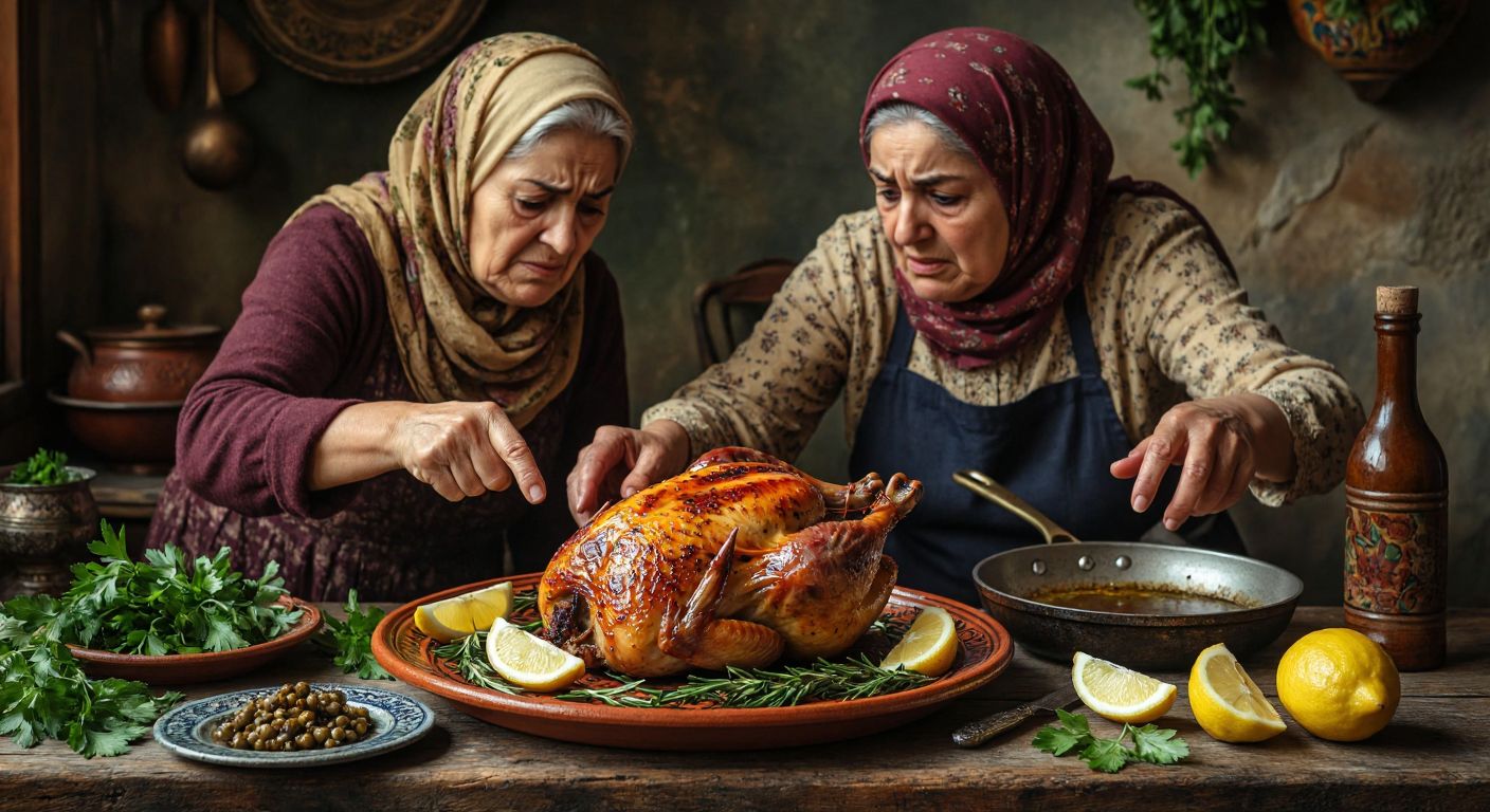 A plump, roasted quail on a rustic Turkish ceramic plate, surrounded by fresh herbs and lemon wedges, with a concerned elderly woman in a headscarf inspecting it skeptically while a younger man gestures toward a sizzling pan in the background.