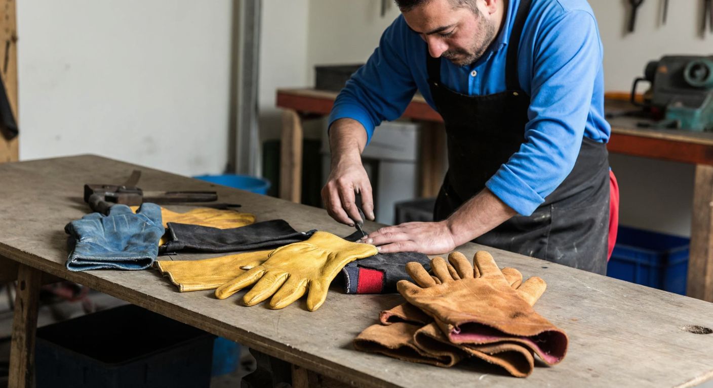 A Turkish worker in a welding workshop carefully measures the width of his palm with a fabric tape, surrounded by various thick leather welding gloves laid out on a wooden workbench.