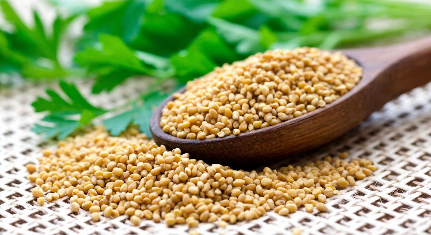 A close-up of small, golden-brown fenugreek seeds spilling from a rustic wooden spoon onto a woven Turkish kilim, with fresh green fenugreek leaves in the background.